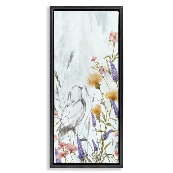 Stupell Industries Bird Outline with Wildflowers Plants & Flowers Painting Black Floater Framed Canvas Art Print Wall Art, 11 x 25