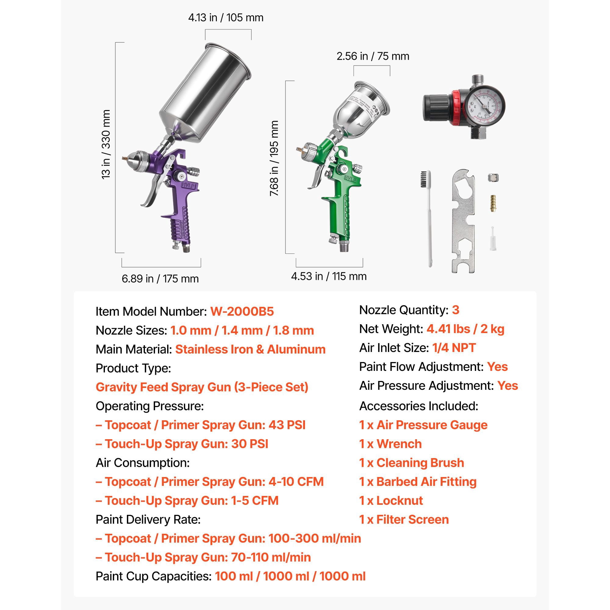 3-Piece Air Spray Gun Set with 1.0/1.4/1.8mm Nozzles, 100ml & 1000ml Cups, 360° Rotating Nozzle Cap, for Automotive Furniture Painting