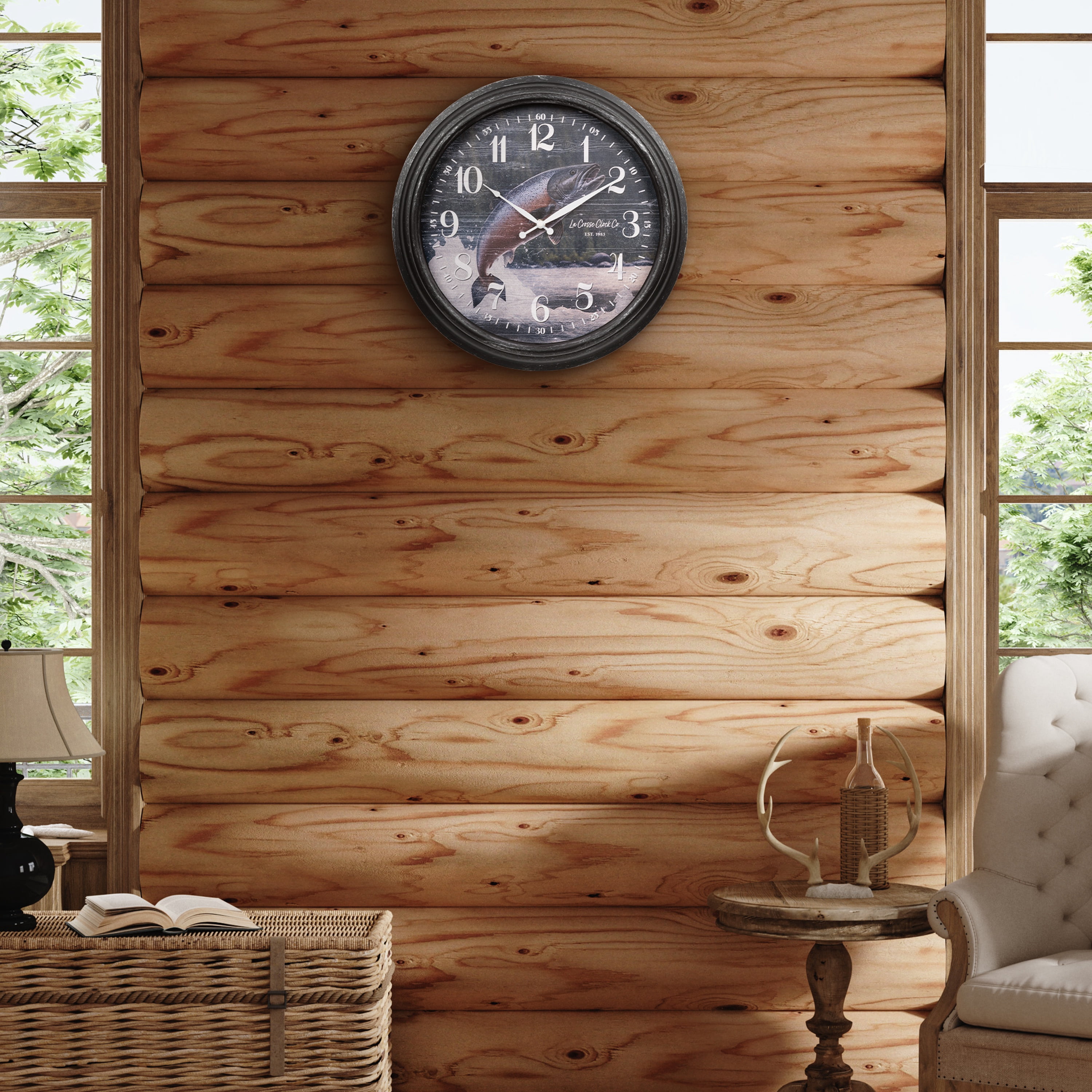 La Crosse Clock 15.75 inch Indoor/Outdoor Northwoods Deer Analog Quartz Wall Clock, 433-3841D