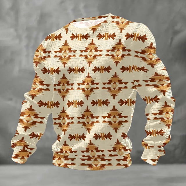 Ceisia Men's All-Season Casual Regular Fit Crew Neck Sweatshirt Navajo-Style Geometric Totem Print Waffle Knit Stretch Fabric Multicolor XXL Gifts