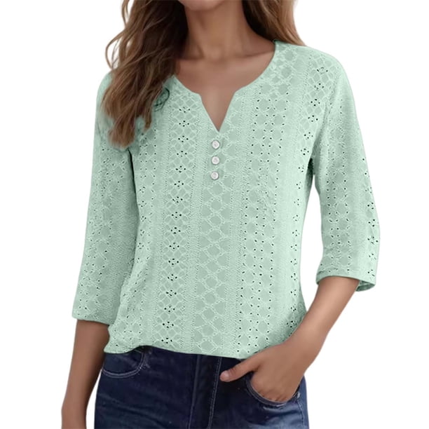 Top casual de mujer con manga tres cuartos y tejido jacquard, blusa elegante y cómoda para el día a día, tallas S-XXL