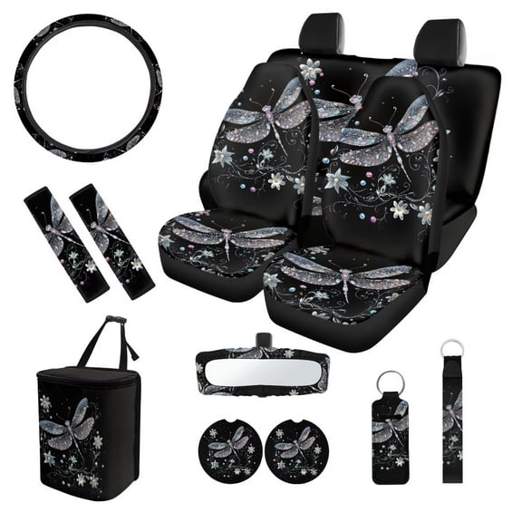 XYZCANDO Dragonfly Flower Keychain Lipstick Cover Steering Wheel Cover Car Trash Can Center Mirror Cover Coasters Car Seat Cover Seat Belt Cover Fashion for Car Sedan Truck SUV Accessories