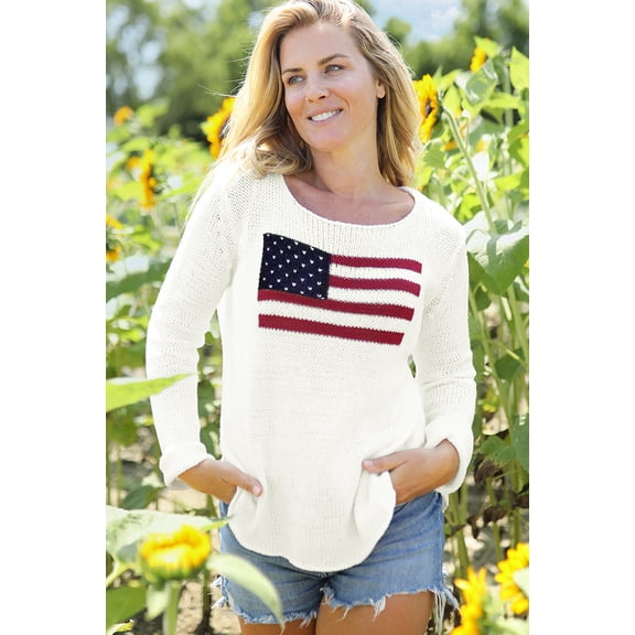 American Flag Shirt For Women 4th for July Long Sleeve Casual Crew Neck Loose Knite Sweater White L