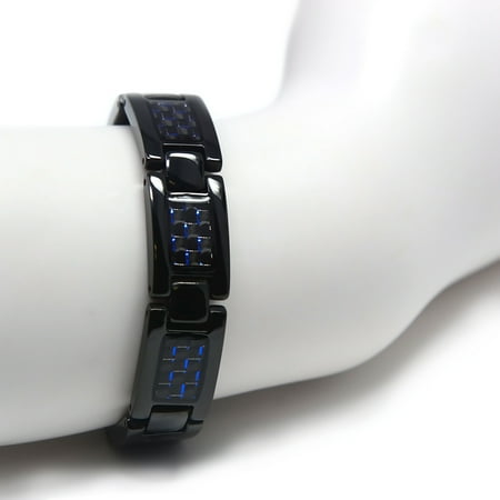 Date Titanium Bracelet - Men's Quad-Element Black Titanium Magnetic Bracelet with Blue Carbon Fiber Inlays - 12,800 Gauss B503-Blue