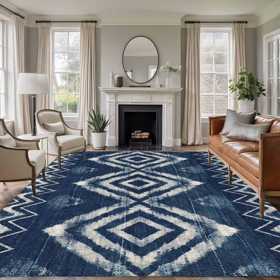 Large Area Rugs for Living Room Bedroom, Navy Blue 6'x9' Rug Washable Carpet Runner Indoor Outdoor, Vintage Tribal Abstract Geometric Tie Dye Art Non Slip Floor Mats Rug for Kitchen, Playroom