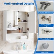 ALPULON Double Door Wall Mounted Bathroom Mirrored Cabinet with Push to Open Doors and Flip Down Compartment for Storage, White