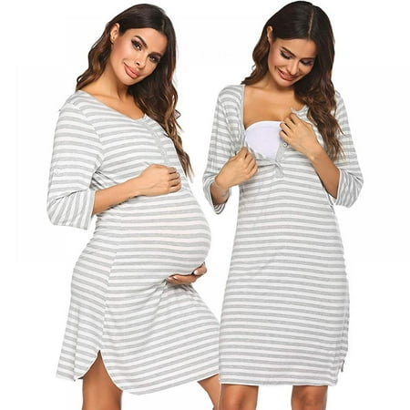 

Monfince Women s Striped Nursing Nightgown 3/4 Sleeve Nightdress Button Down V-neck Pregnancy Dress Sleep Nightshirt Maternity Dress