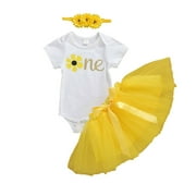 3Pcs My 1st Birthday Baby Girl Clothes Sunflower Romper Bodysuit Lace Tutu Skirt Outfit Set