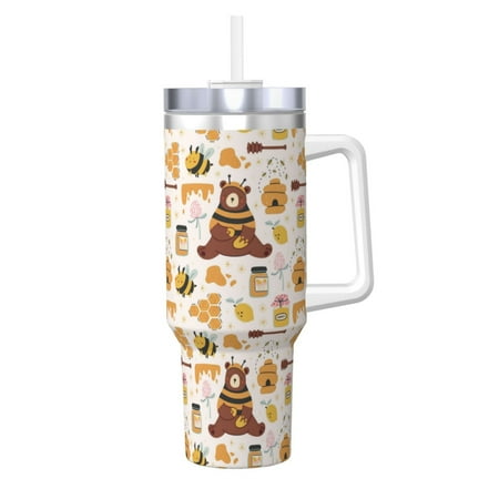 

Daiia Cute Bee Honey Jar Hive Bear Printed 40 oz Tumbler with Handle Ice Bully Insulated Tumbler 2 in 1 Lid Insulated Water Bottle Stainless Steel Travel Coffee Mug
