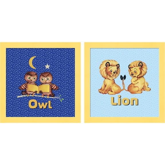 Great Art Now Cute Baby Owls & Lions by Tina Lavoie, 2 Piece Framed Art Set Each 14"W x 14"H