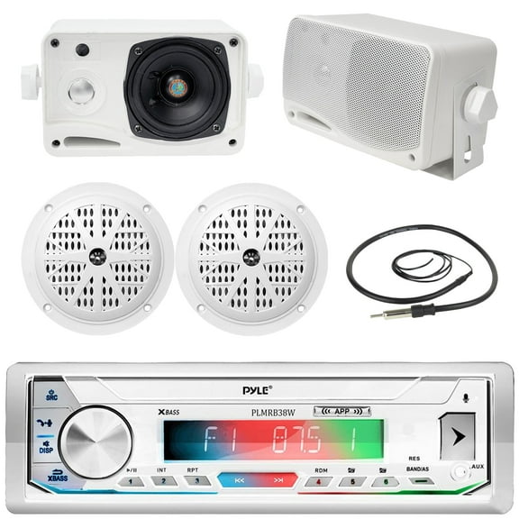 Pyle PLMRB39W LCD Display Single-DIN Marine Bluetooth USB/AUX MP3 Player AM/FM Radio Stereo White Receiver, 2x 4'' 100W Max Dual Cone White Speakers, 2x 3.5'' 200W Max 3-Way Mini Box Speakers, Antenna