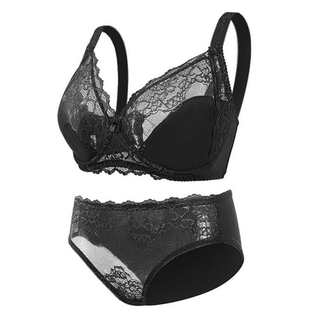 Lencería sexy para mujer, conjunto de lencería de encaje de 2 piezas, conjunto de sujetador y braguita con aros y canalé para San Valentín, color negro