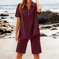 thumbnail image 4 of KIHOUT Women's Summer Casual Two Piece Outfit Short Sleeve Lapel Button V Neck Top and Shorts Set Loose Fit Breathable Cotton Linen Blend Tracksuit for Daily Vacation, 4 of 8