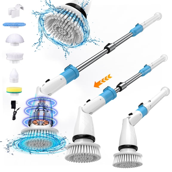 Cepillo Eléctrico TASVAC IPX5 Resistente al Agua - Mango Largo + 5 Cabezas Intercambiables para Limpieza Profunda en Baño: Azulejos, Pisos y Bañeras