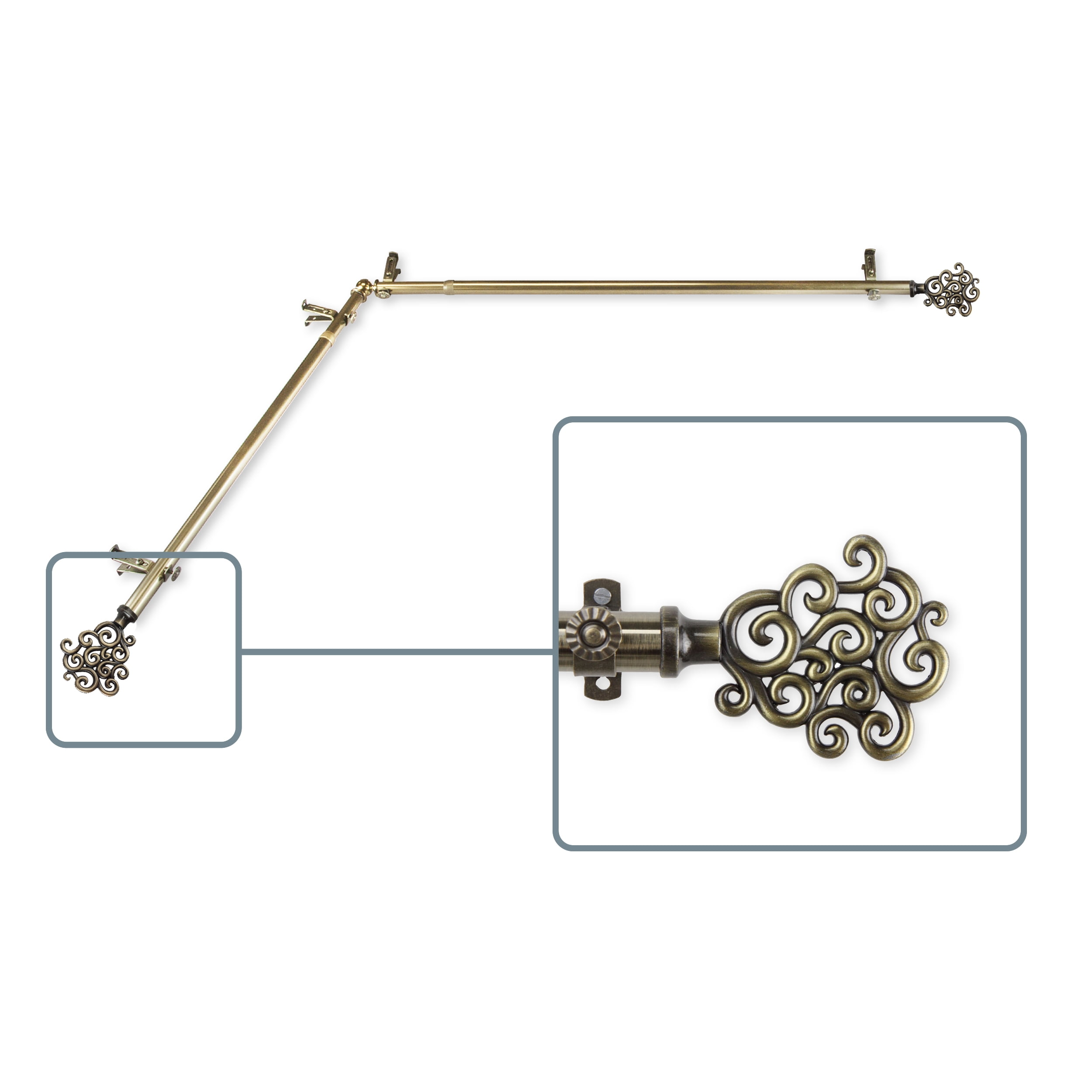 Fabritio 13/16 inch Corner Window Curtain Rod 48-84" - Antique Brass