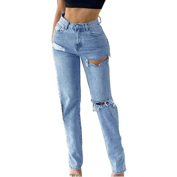 Bigersell Black High Waisted Jeans Wide Leg Jeans Summer Straight Leg Jeans Ladies Boyfriend Denim Pants Button Closure Ripped Straight Leg Jeans Loose Mid Waist Long Pants Style J-133 Blue M