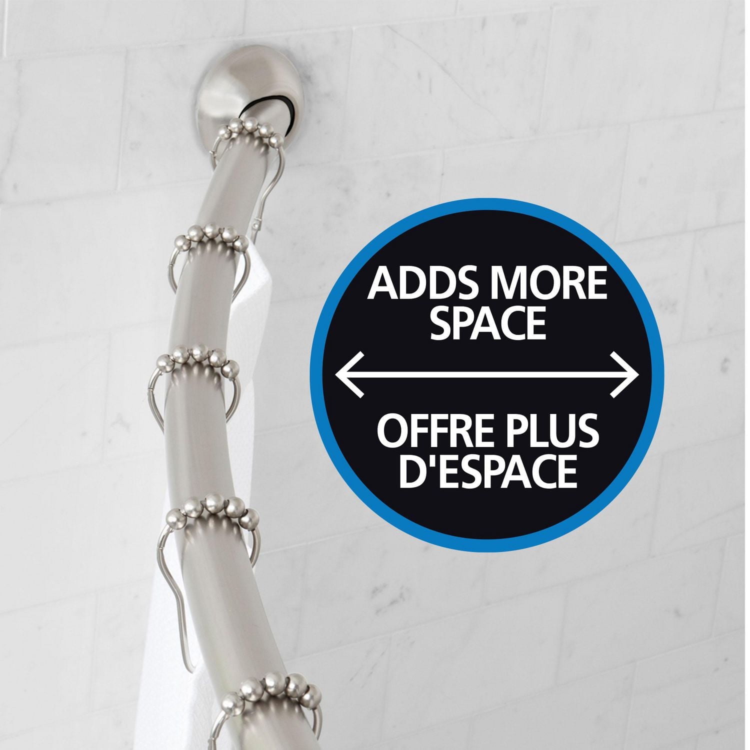 Mainstays Smart Rods Permanent-Mount Curved Shower Rod, 48" to 72", Brushed Nickel