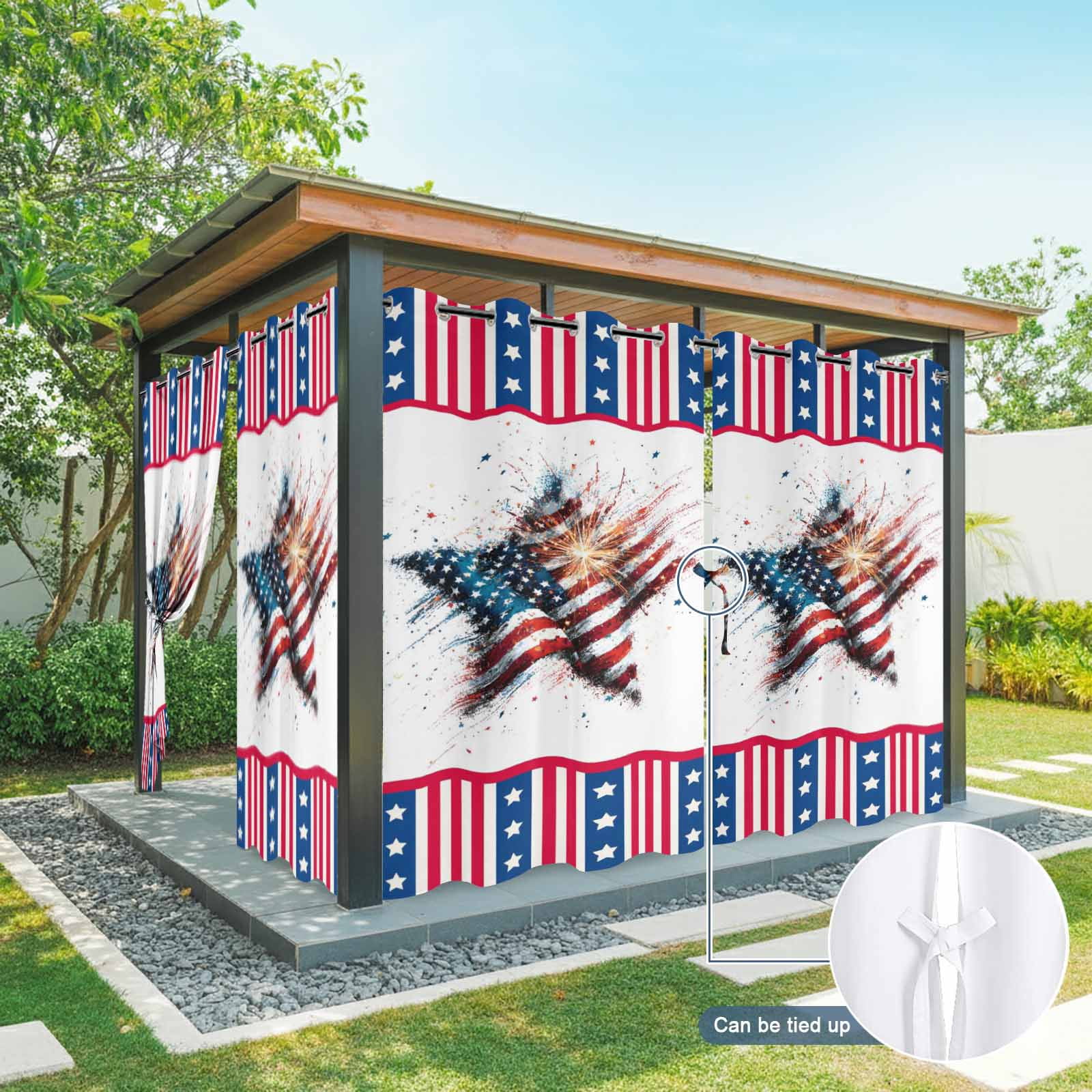 Independence Day Outdoor Curtains for Patio, Abstract American Flag Red Striped Star Sunshade Privacy Drapes Grommet Waterproof Outside Curtains for Porch/Cabana/Balcony 54"x 108", 1 Panel