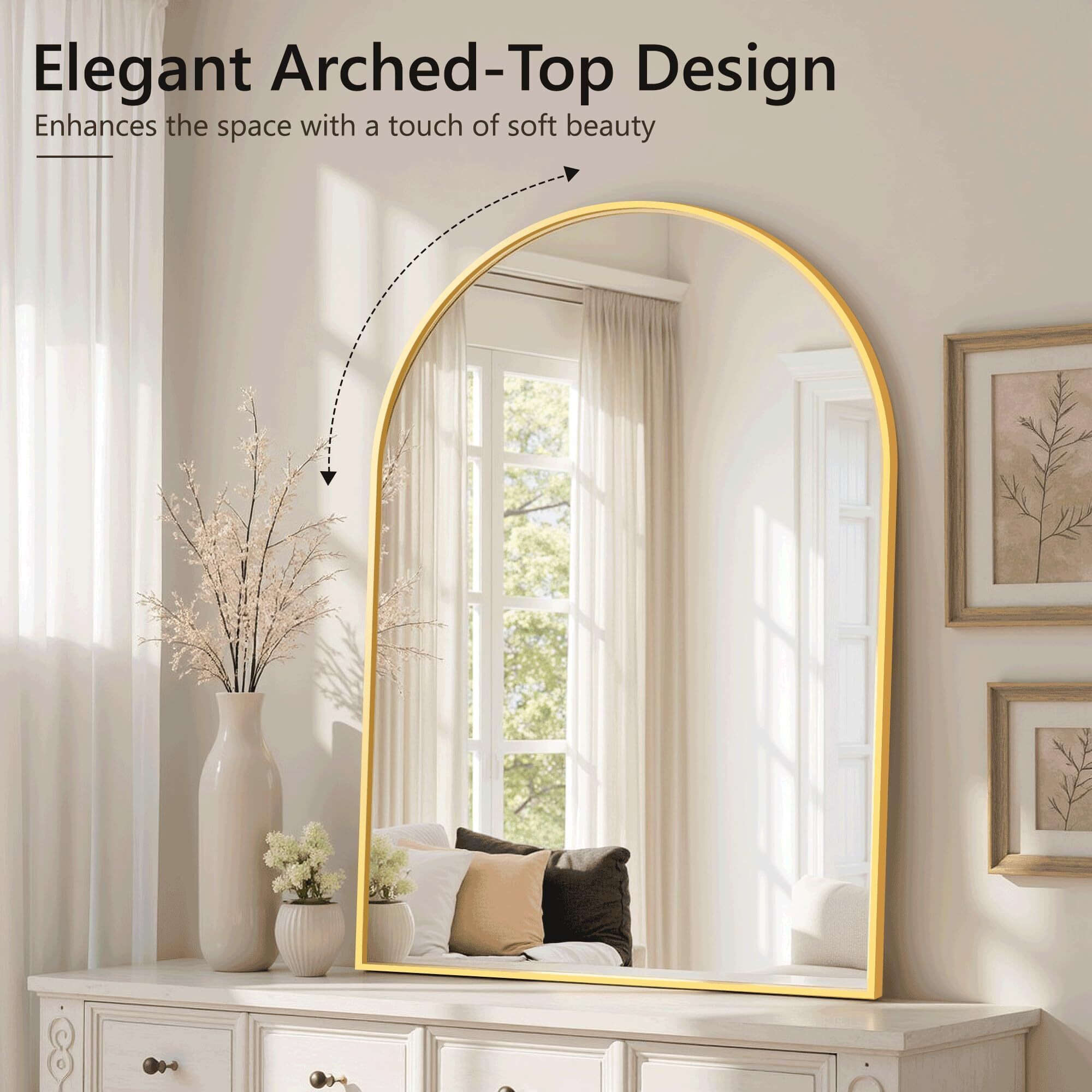 Lumora 32"x48" Arched Wall Bathroom Mirror Wall-mounted Mirror with Aluminum Frame,Gold