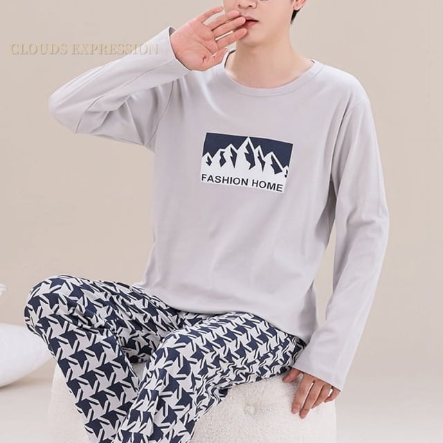 Printemps Automne Plus 5TG Pyjama Tricoté pour Hommes à Carreaux Ensembles de Pyjamas Décontractés Mode Nuit