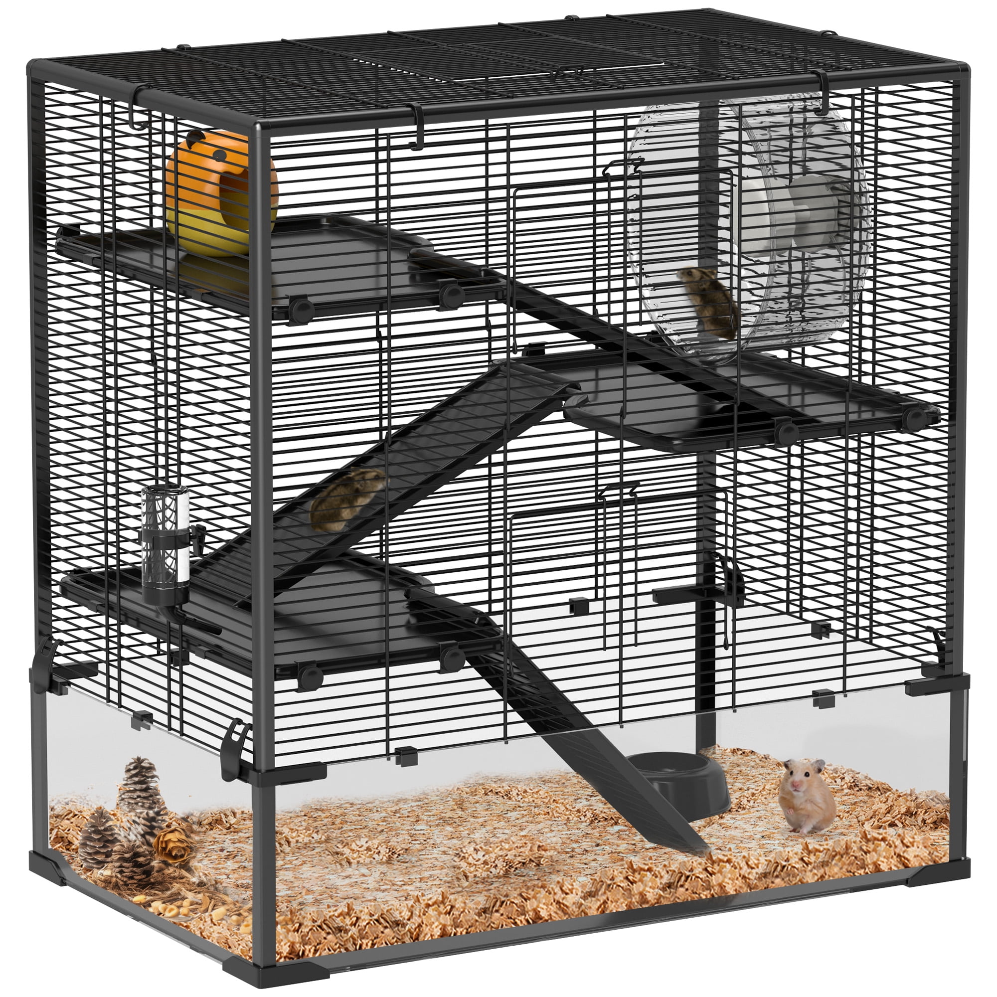 PawHut Deep Glass Bottom Hamster Cage, 4 Tiers Hamster Tank with Running Wheel, Hut, Water Bottle, Food Dish, Rat Cage, Black, 31" x 19" x 31.5"