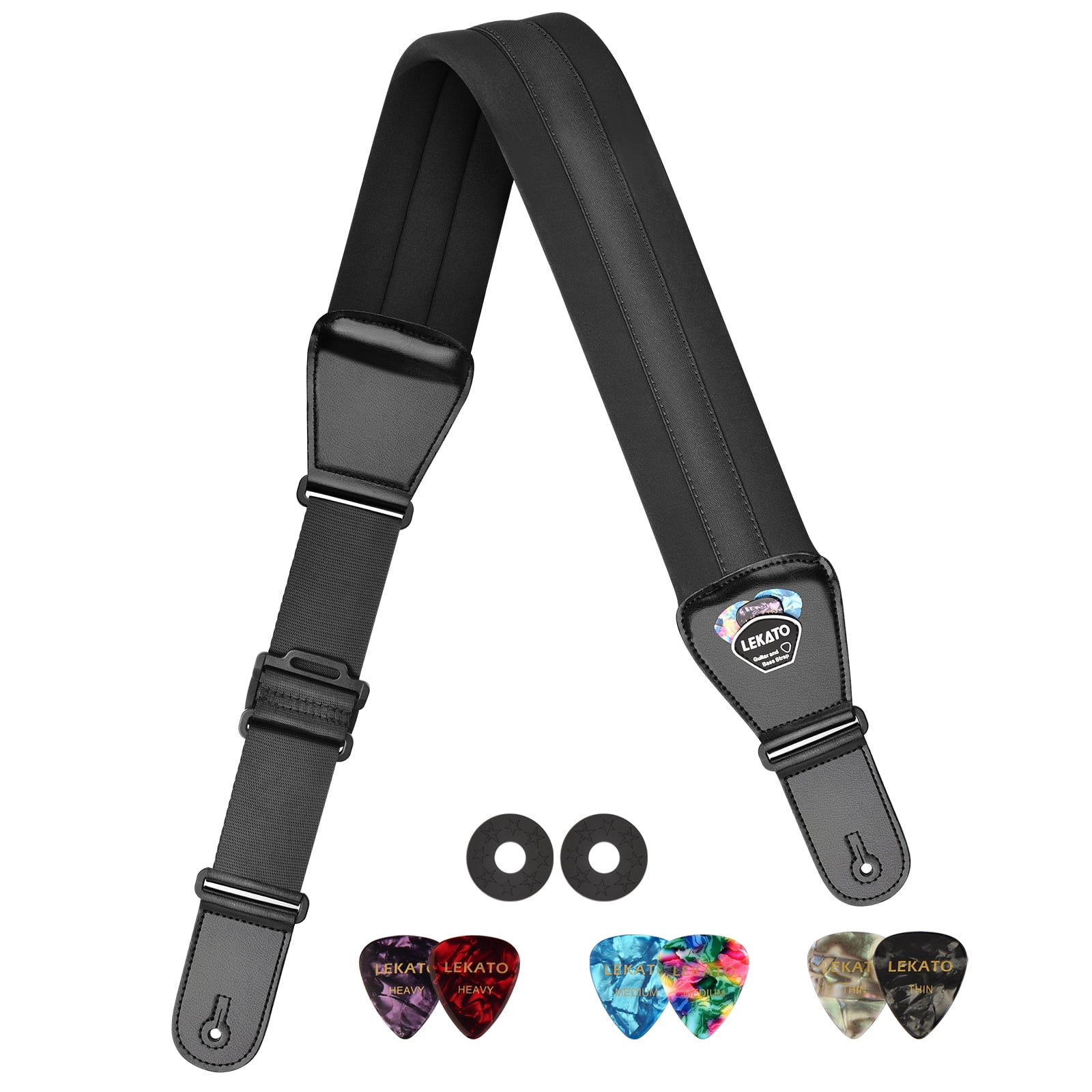 LEKATO Bass Guitar Straps for Electric Guitar & Bass 3" Wide Padded Straps Adjustable Length from 45" to 55" Bass Guitar Strap with Pick Holder 2 Safety Strap Locks & 6 Picks