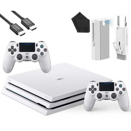 Sony PlayStation 4 Pro Glacier 1TB Gaming Console White, HDMI Cable 2 Controller With Cleaning Kit Like New