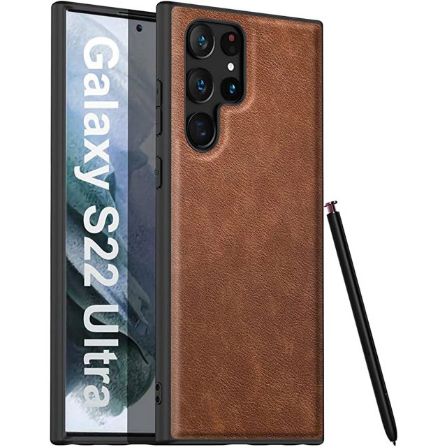 Compatible with Samsung Galaxy S22 Ultra Case (2022) Elegant Leather Three-Layer Back with Soft Silicone Edge Shockproof Slim Protective Case for Samsung S22 Ultra - Brown