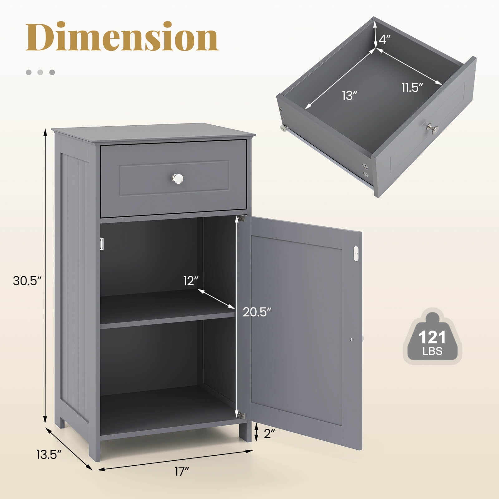 Costway White Floor Storage Cabinet Bathroom Organizer Cupboard Drawer Shelf Bath Towel Gray