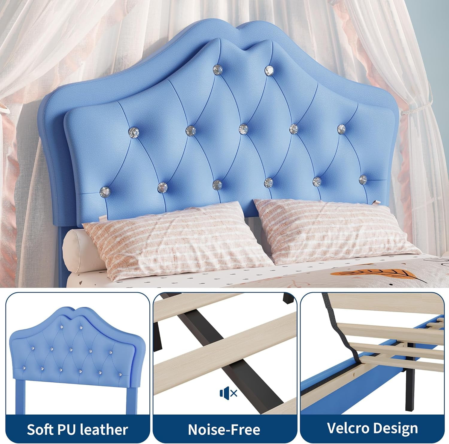 Twin Size Bed Frame with LED Lights & Velvet Upholstered Girls Platform Bed with Storage Drawers,No Box Spring Needed,Easy Assembly, Noise Free,Blue