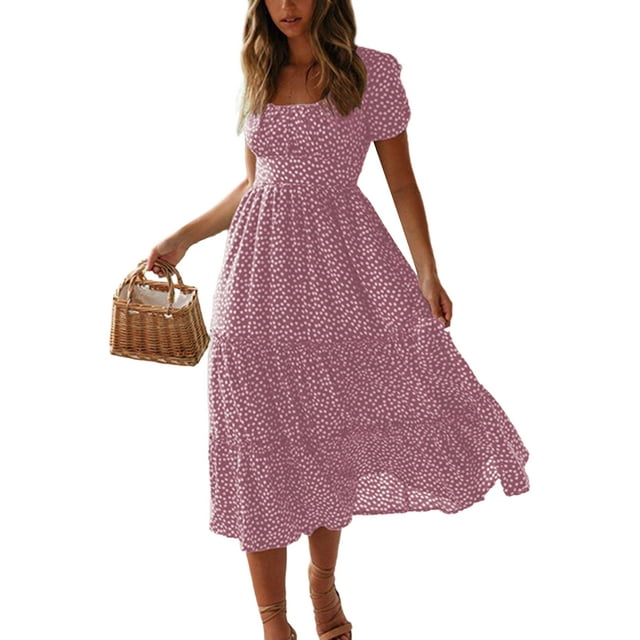 Daeful Femmes Robes à Manches Courtes Chemise Robe de Plage à Col Carré Robe de Soleil Rose 2XL