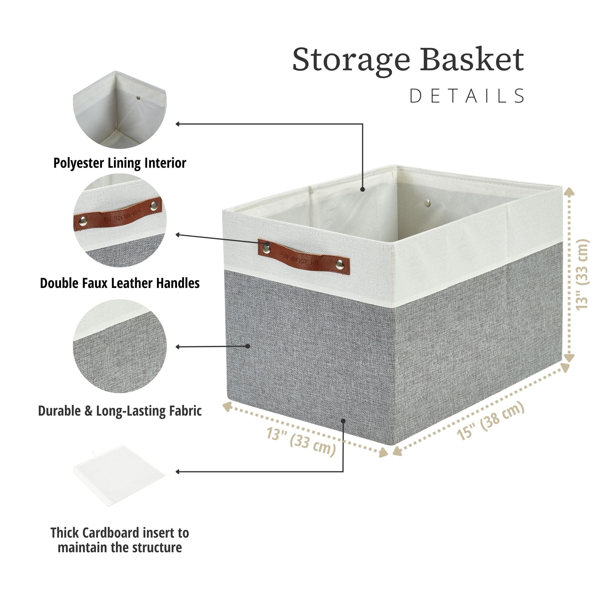 DECOMOMO Fabric Storage Baskets 13" x 15" x 13" Collapsible Storage Bins (Grey and White, Set of 3)
