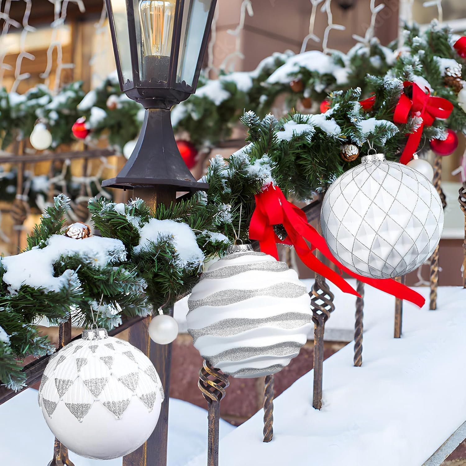 6"/150mm Large Christmas Ball Ornaments, 4Pcs Christmas Tree Decor, Shatterproof Hanging Decorations with Hooks, White & Silver Baubles for Xmas Tree, Wedding, Holiday and Party Decor