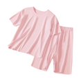 thumbnail image 3 of HVOBTTY Kid's Comfy Daily Pajama Set, Toddler Summer Outfit Sets, Kids Casual Soft Solid Color Round Neck Short Sleeve Top and Elastic Waist Pants 2 Piece Home Pajama Sets Pink, 3-4 Years, 3 of 5
