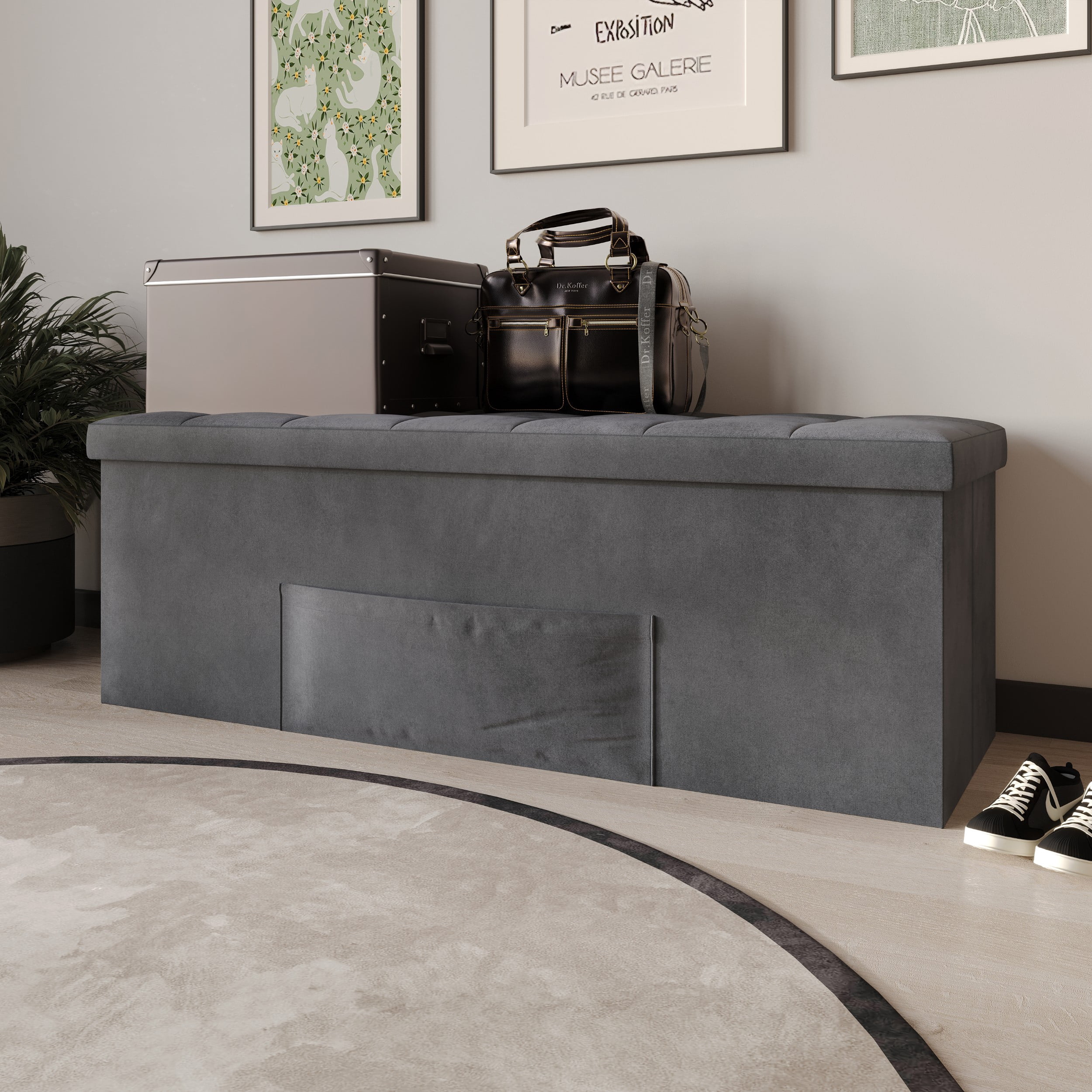 Home Design Chico 42" Tufted Upholstered Folding Storage Bench with Deep Cushion and Front Pocket, Multi-Purpose Rectangular Design for Bedroom, Entryway, or Living Room, Dark Gray