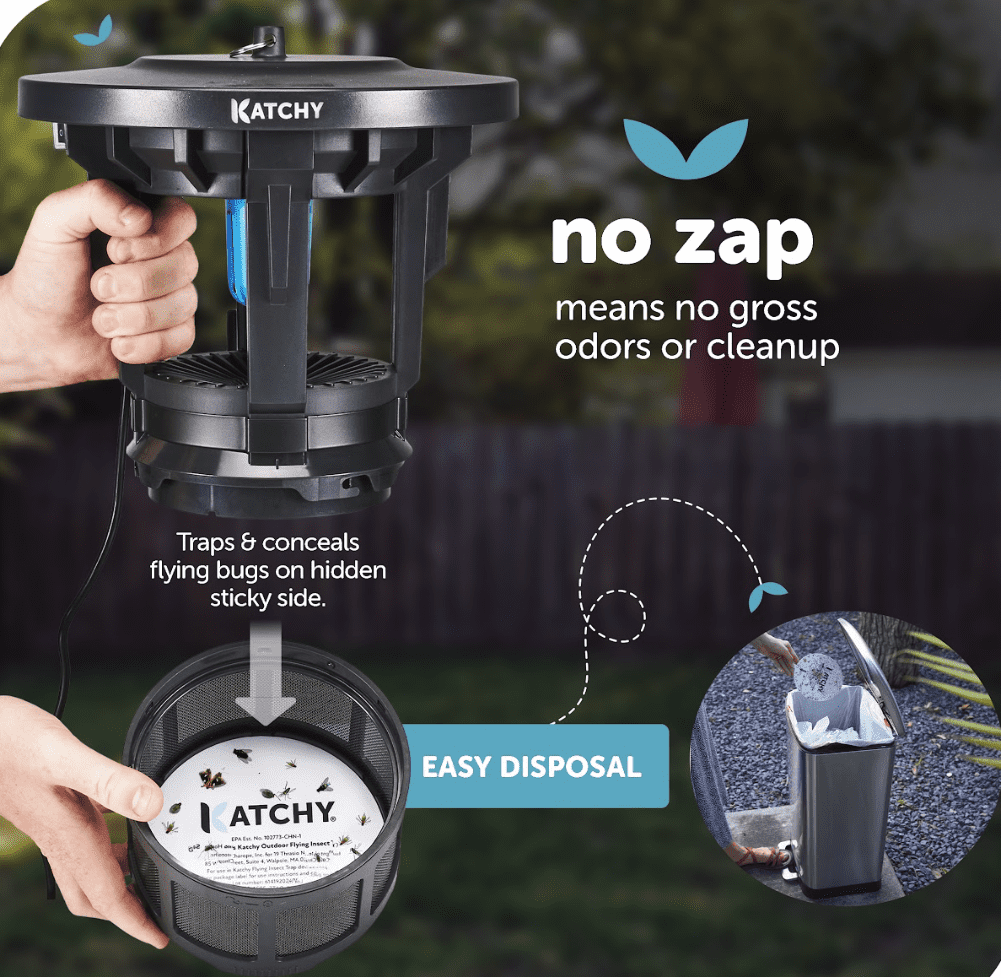 Katchy Outdoor + Glueboard Refill (4 Pack) - Glue Board Refills for Mosquito, Gnat, Moth, Fruit Flies - Non-Zapper Traps for Buzz-Free Home