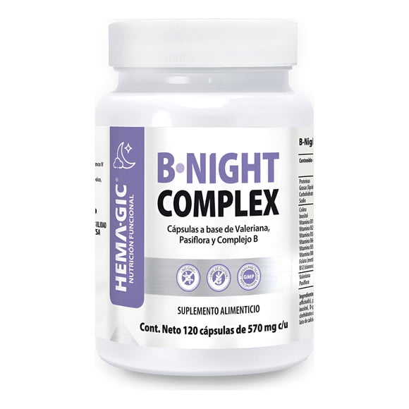 HEMAGIC B Night Complex - Fórmula Equilibrada De 9 Vitaminas B - Suplemento Alimenticio 120 Cápsulas de 570 mg c/u - Alta Biodisponibilidad