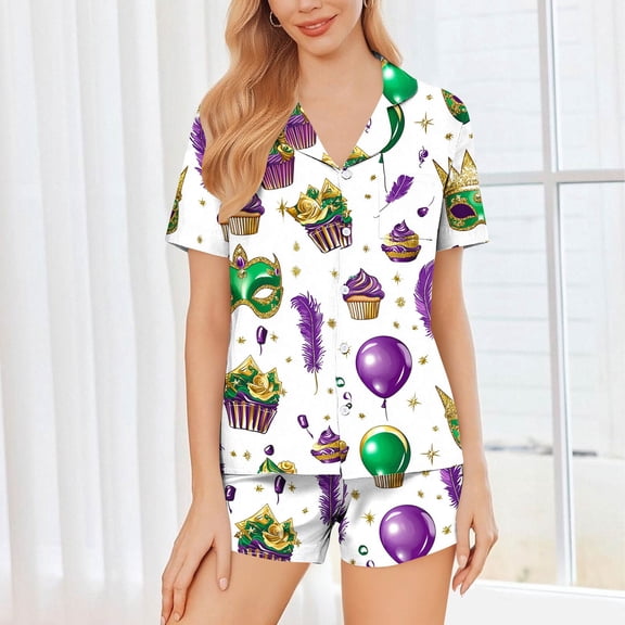 Censtreet Women's 2 Piece Pajama Sets Lightweight Summer Pajamas Cute Pj Set Button Shirt with Shorts Lounge Pjs