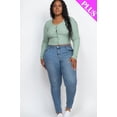 thumbnail image 2 of Saronite Basic Ribbed Knit Long Sleeve Front Button Up Crop Top, Green Bay (Women's Plus), 2 of 5