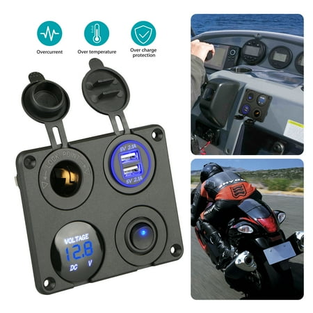 Power Socket Outlet - 4 in 1 Multifunction Panel Power Outlet Socket Charger with 12V Cigarette Socket, Blue Digital Voltmeter, Double USB Power outlet Socket, ON-OFF Toggle Switch
