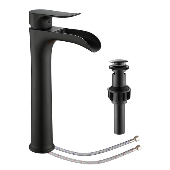 Vessel Sink Faucet,YUNDOOM Matte Black Bathroom Faucet,Single Hole Bathroom Sink Faucet,Tall Bathroom Faucet Single Handle,Bathroom Bowl Sink Faucet,Modern Waterfall Bathroom Faucet with Drain
