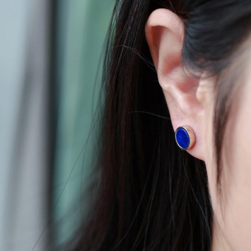 White Gold Plated Lapis Lazuli Stud Earrings – Round Natural Blue Gemstone, Hypoallergenic Minimalist Geometric Jewelry for Women & Men with RTT Jewelry Box