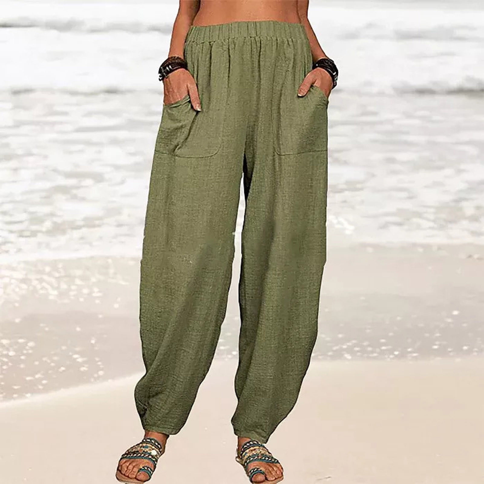 Boho Pants for Women Cotton Linen Baggy Summer Casual Loose Lounge Pants  Trousers Solid Color Slacks with Pockets (X-Large, Army Green)