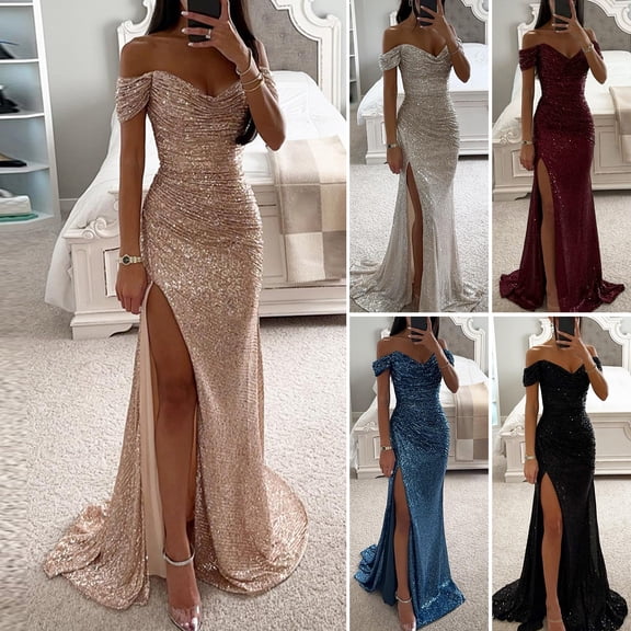 Joernso Elegant V-Neck Off Shoulder Maxi Dress Sequin Pleated Short Sleeve Waist Tight Evening Party Prom Dress Slim Split Long Dress