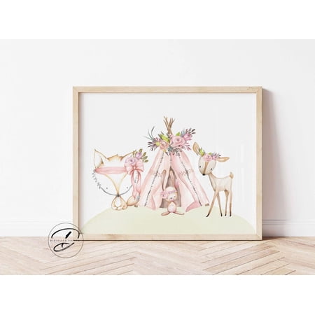 Baby Girl Floral Woodland Nursery Little Girls Bedroom Boho Forest Wall Art Print, Curated Nursery Theme For Playroom And Nursery Decor