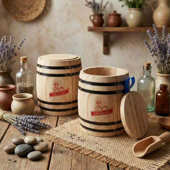 Yakimoto 2-Count 12 oz Pine Wood Storage Jar Set, Moisture-Resistant Rustic Wood Barrels