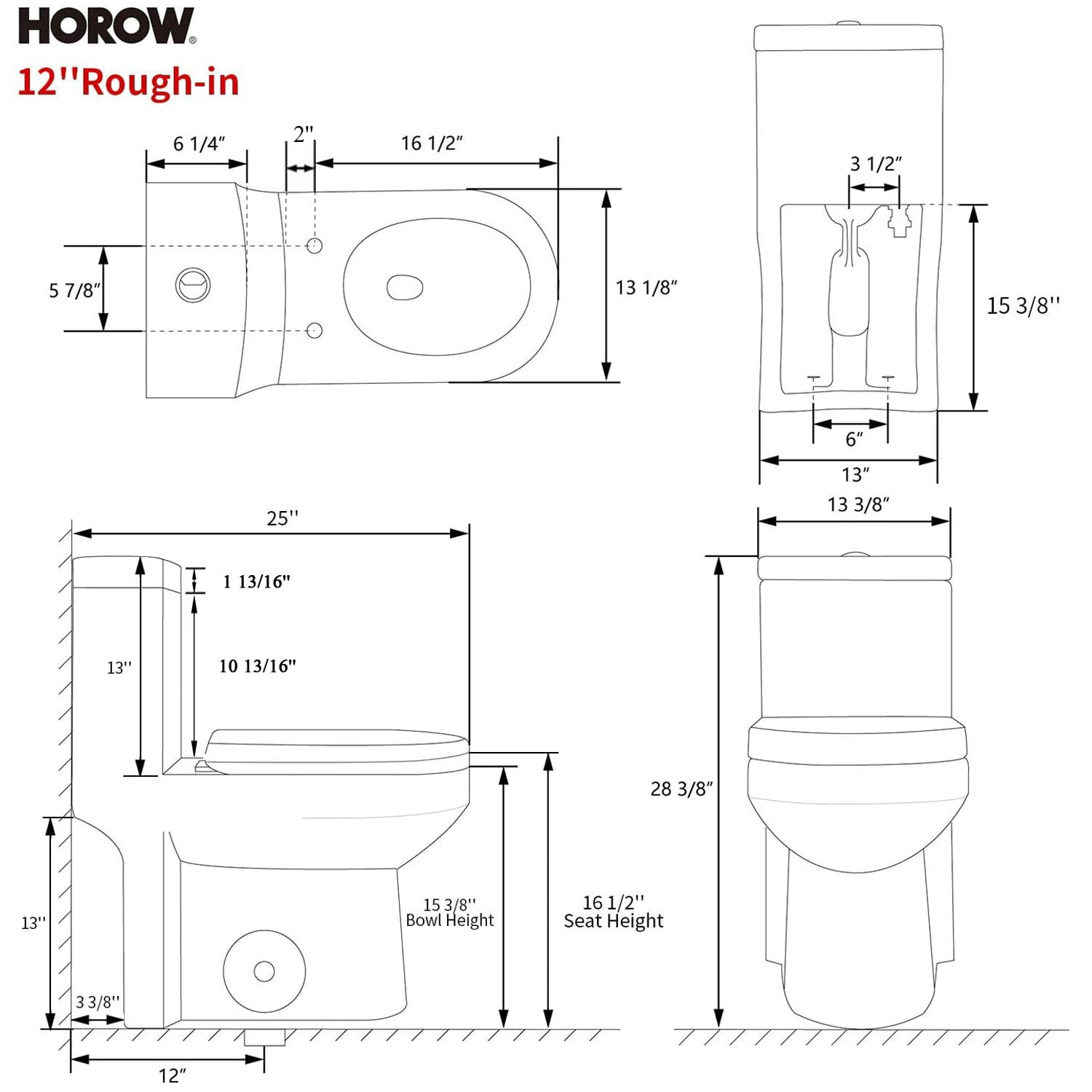 HOROW Liberty 12" Rough-in Compact  Dual-Flush Round One-Piece Toilets  1.28GPF Ceramic in White