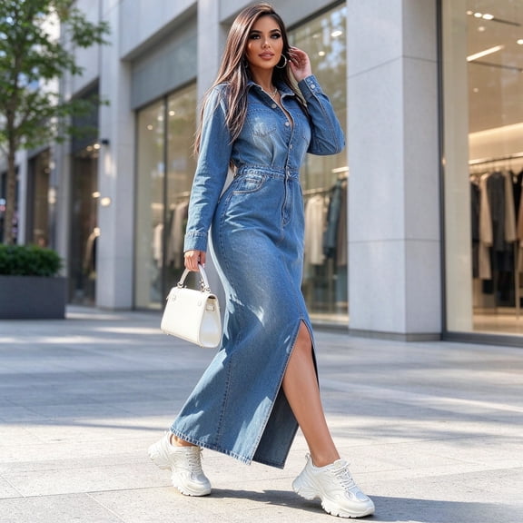 Women Vintage Long Sleeve Denim Maxi Dress, High Waist Button Front Split Hem A Line Dress for Spring Summer Daily Street