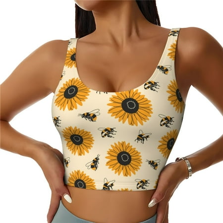 Jgfou Sunflowers And Bee Print Womens Sports Bra - Padded Workout Sports Bras Crop Tank Top