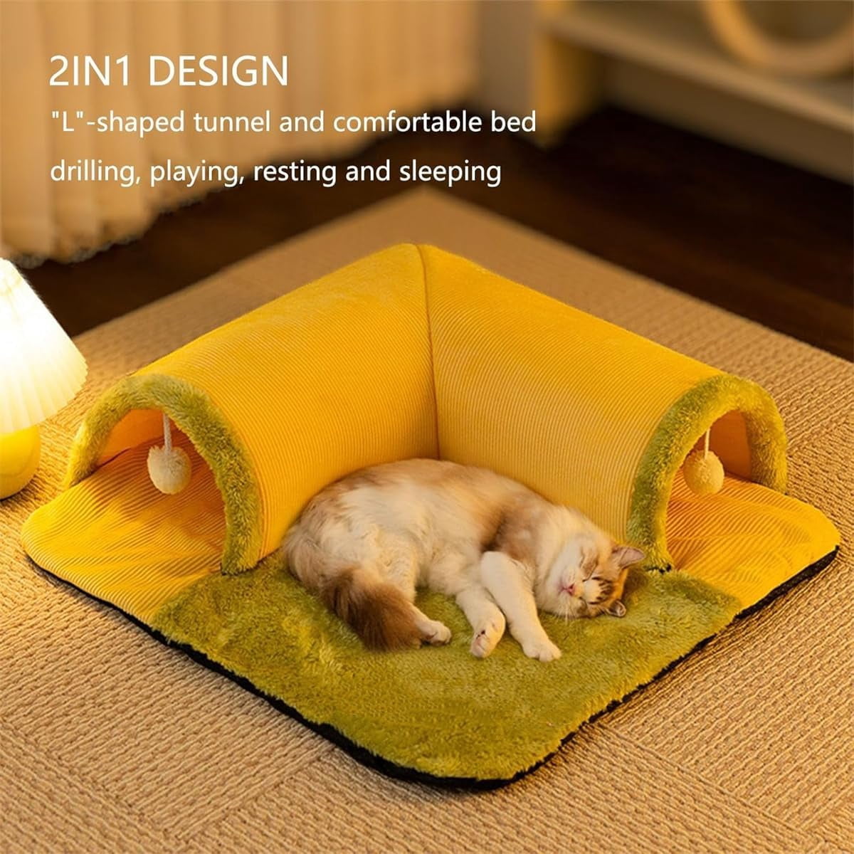 Cat Tunnel Bed,Cat Tunnel Bed for Indoor Cats,2 in 1 Cat Bed Play Tunnel Cats Play Mat,Hanging Toy Balls,Cats Activity Center,Detachable & Washable, Great Gift for Small Pets